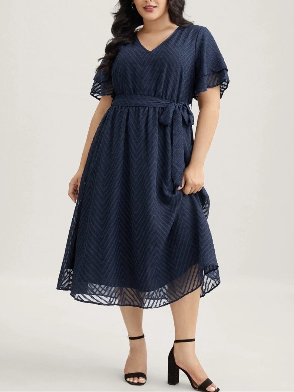 NWT Size 28/5X BloomChic Texture Tiered Ruffle Sleeve See Through Dress Blue - Picture 3 of 13